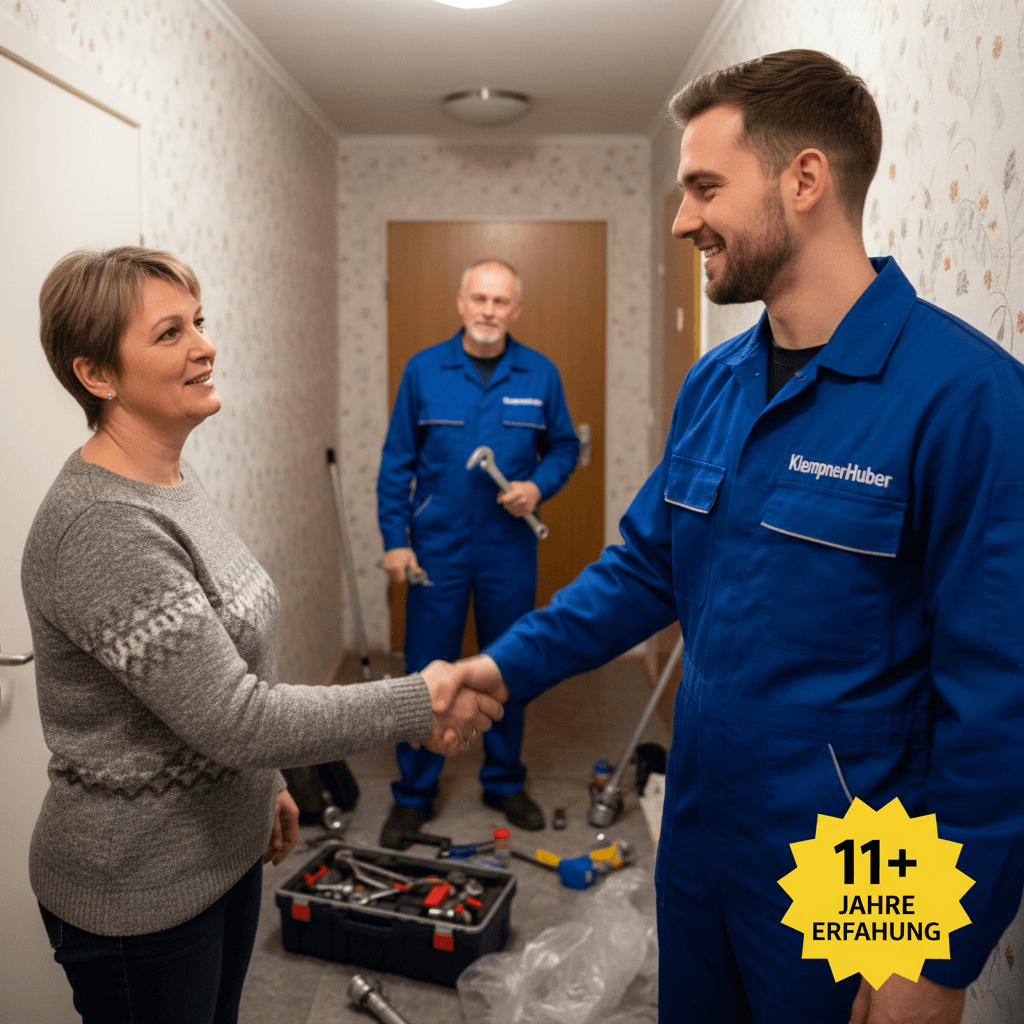 Monteur in Arbeitskleidung begrüßt eine Kundin an der Wohnungstür, beide reichen sich die Hand, ein Werkzeugkoffer steht im Hintergrund