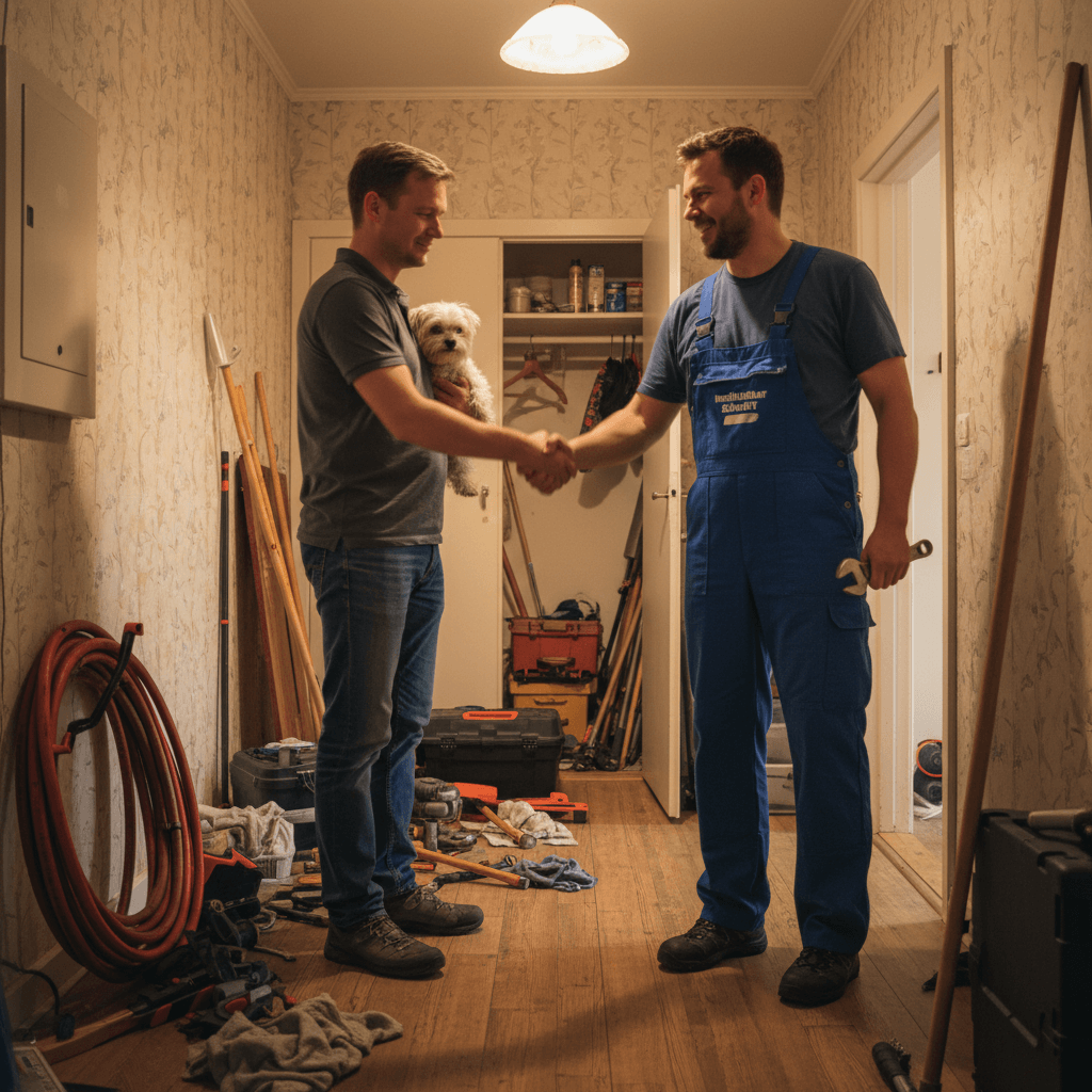 Freundlicher Techniker beim Handschlag mit Kunden in Flur