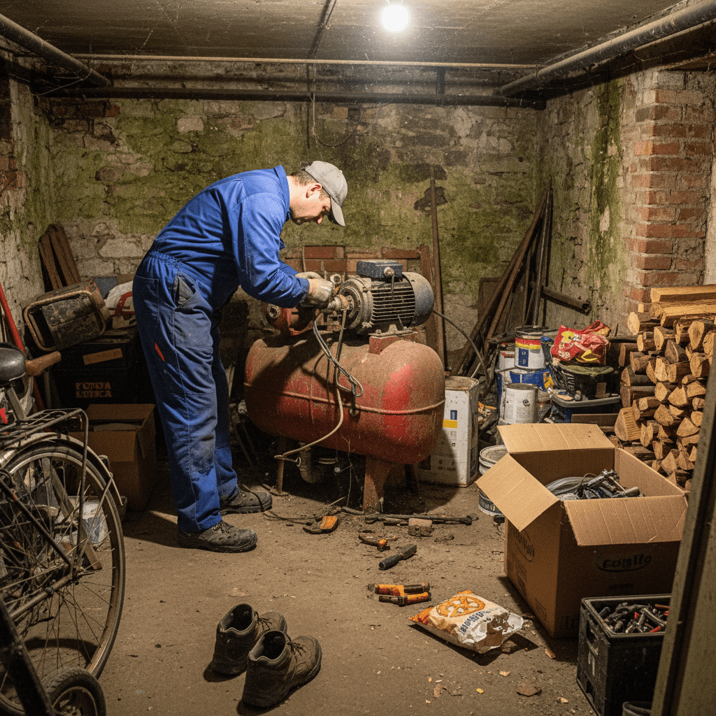 Handwerker repariert Hauswasserwerk im Keller