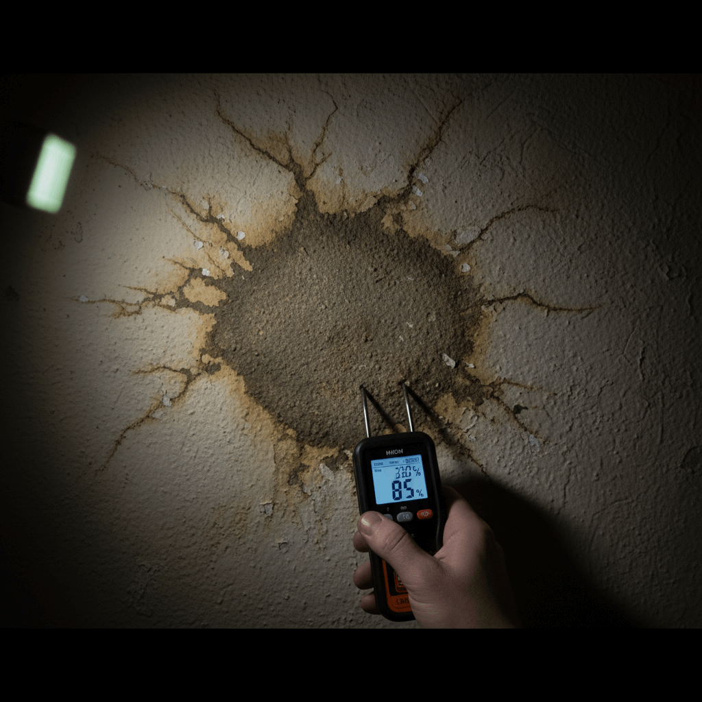 Feuchteortung mit Messgerät an Wand