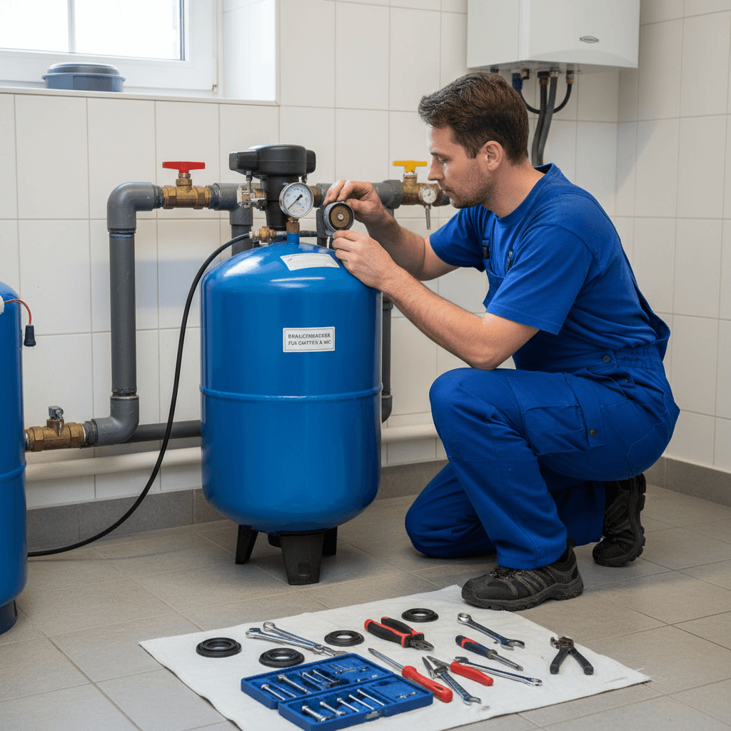 Techniker prüft Druck am Hauswasserwerk